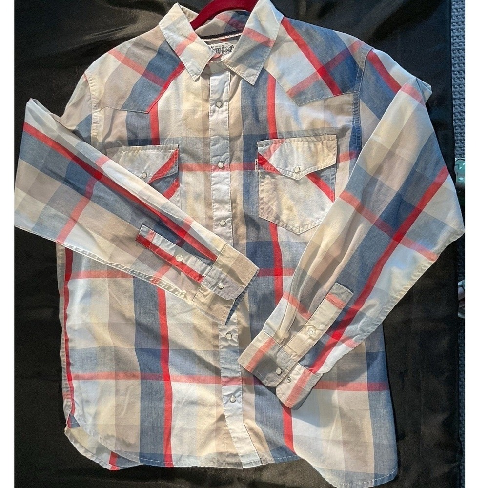 Levis Mens Western Pearl Snap Plaid Shirt Blue Red Long Sleeve Large 3LYLW0022